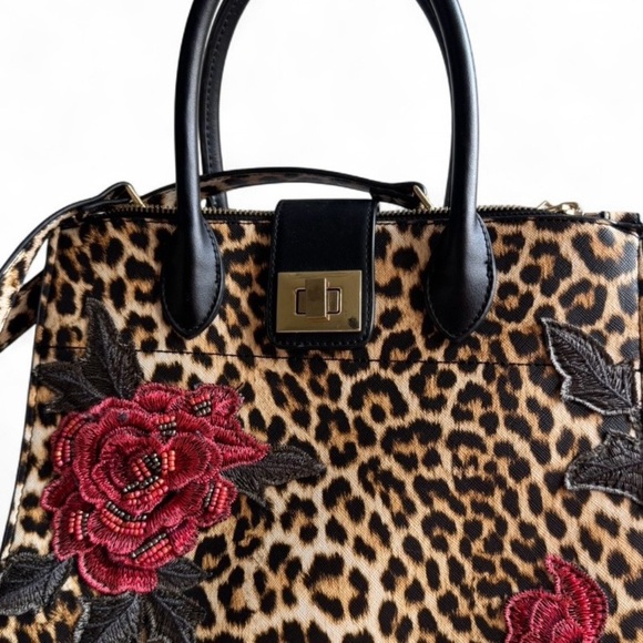 Like NEW BEBE Leopard Print Handbag with Red Floral Accents PURSE - Picture 3 of 4